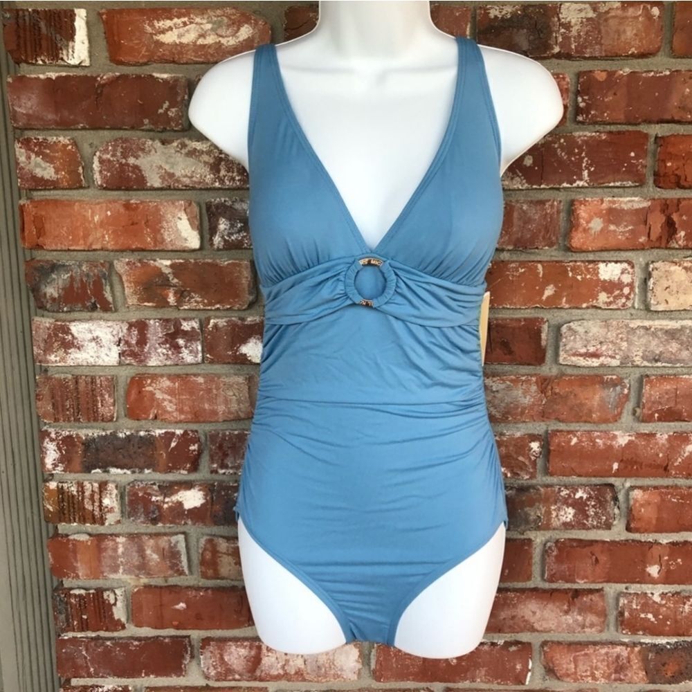 Michael Kors women's blue logo ring one piece size 6 tummy control swims…